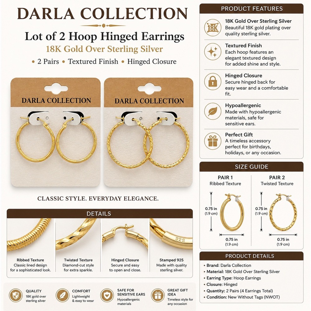 Darla Collection 22K Gold‎ Plated Hoop Earrings Set 2 Pairs Textured Diamond Cut